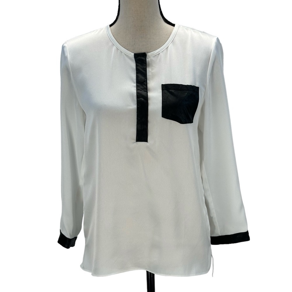 Rachel Rachel Roy Long Sleeve Faux Leather Detail Blouse - Ivory Chalk - size 6